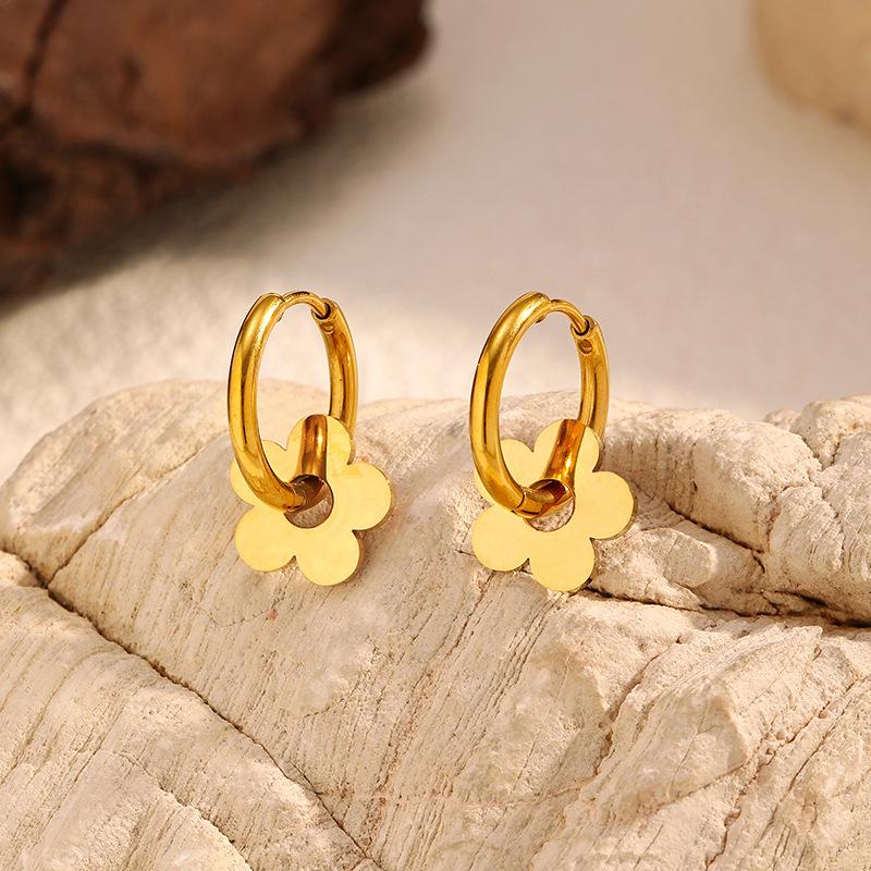 INS Style 18K Gold Flower Titanium Steel Earrings Luxury Minimalist Premium Hoop Earrings Tarnish Free Ear Jewelry