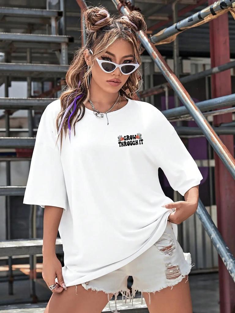 Floral & Skeleton Print Cotton T-Shirt for Women Motivational Grow Through It Personality Female Tee Oversize Tops Soft Clothes