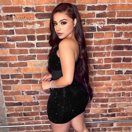 One Shoulder Mini Dress Women Shiny Sequin See-through Mesh Patchwork Slant Neck Sleeveless Cocktail Party Short Backless Sheath Slim Fit Club