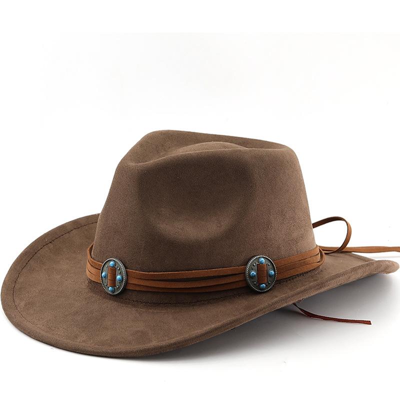 Suède western cowboyhoed met gekrulde rand voor mannen en vrouwen, outdoor reishoed, fedora met opgerolde rand in etnische stijl, vilten hoed M(56-58cm) koffie