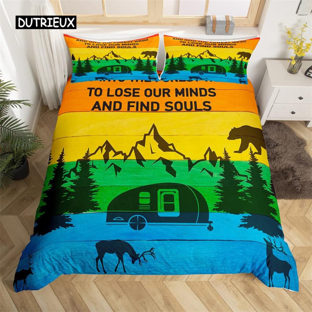 Camping Duvet Cover Microfiber Galaxy Stars Moon Happy Camping Comforter Cover Camper Truck Geometry Mountain Trees Bedding Set