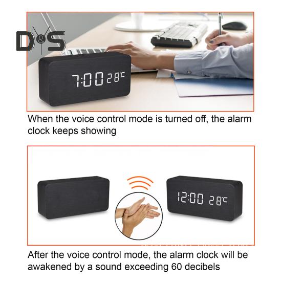 Dřevěný budík s velkým LED displejem Snadno čitelný Stmívatelný Odložení Digitální budík s ukazatelem teploty