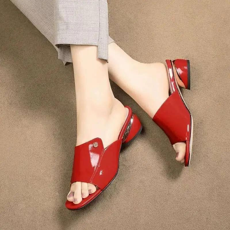 PU Rouge Cuir Brillant Couture Pailletée Talons Sabots Pantoufles Sexy Bouche de Poisson Antidérapantes Rome Chaussures pour Femmes Sandales Designer Bout Ouvert