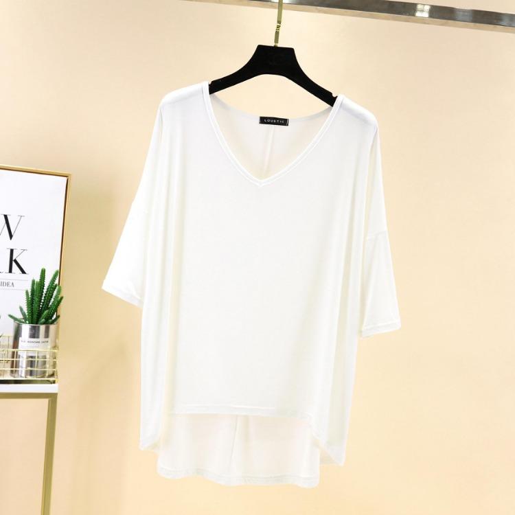 Women Casual Comfortable Summer Loose Fit Large Size Modal V Neck T Shirt Half Sleeve High Low Hem Top