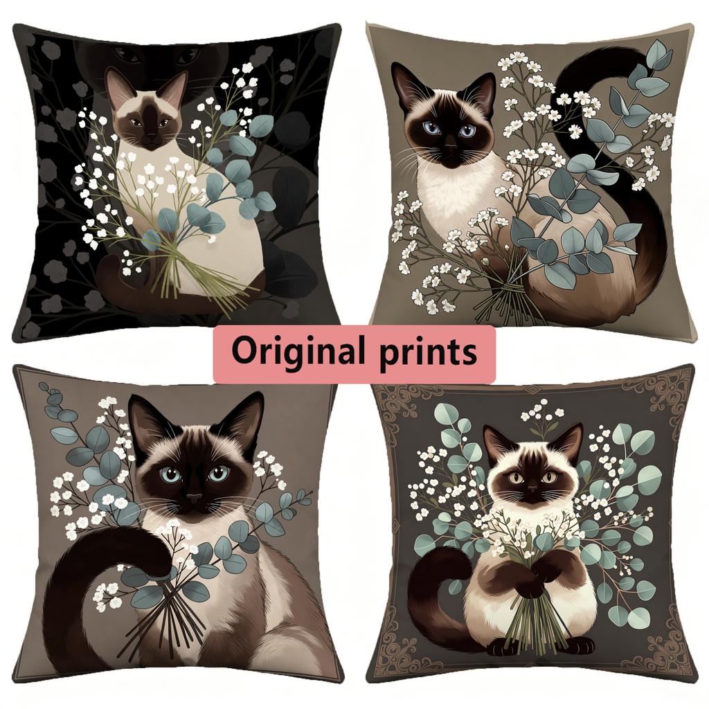 Siamese Cat Floral Throw Pillow Covers Pattern Cushion Cover Suitable For Sofa Bedroom Car Pillow Cover