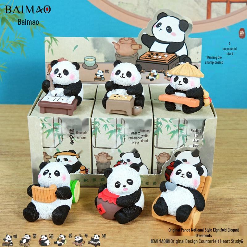 Eight Elegant Panda Car Ornament - Cute Resin Figurine for Desktop Decoration