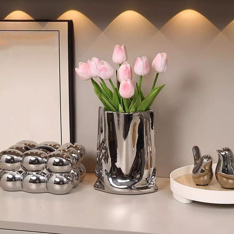 WTEMPO Ceramic Silvery Flower Vase Crinkle Paper Shaped Decorative Large Vase Ornaments for Living Room Home Decorations
