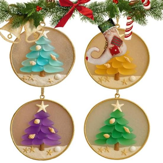 2/4Pcs Christmas Tree Ornament Round Shape Handmade Beach Decoration with Starfish Shell Decor Car Hanging Decoration