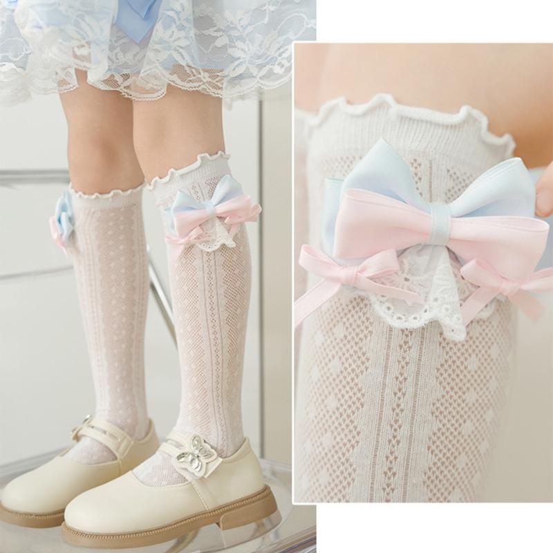 Stylish Knee Length Socks for Girls 3-12 Years Bowknot Trimmed Long Tube Socks Party Daily Wear Accessories