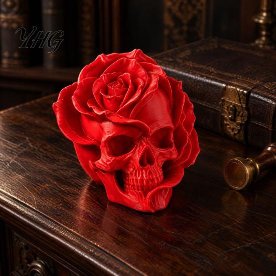 Rose Skull Decor Figurine, 3D Printed Gothic Ornament, Spooky Flower Home Statue, Halloween Centerpiece for Table Shelf Theme Party Supplies