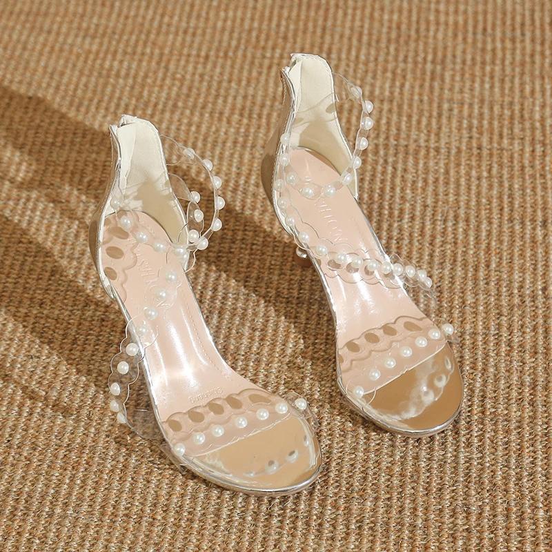 Fashion 2024 New  Summer High Heeled Sandals Women's Stiletto Pearl Strap Women's Shoes Transparent Open Toe High Heels