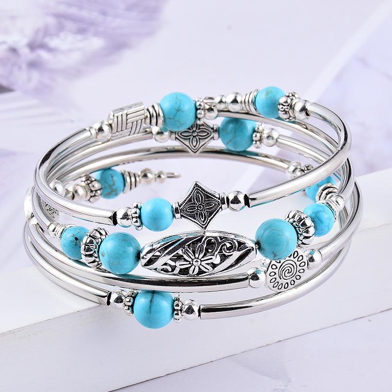 Natural Turquoise & Tiger Eye Multi-Layered Stone Wrap Bracelet
