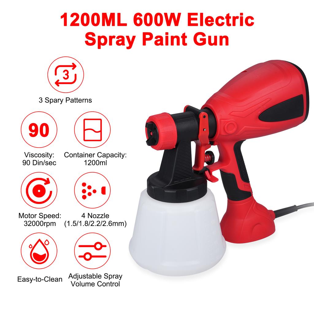 Paint Sprayer 600W Electric Spray Paint Gun 1200ml Pot 3 Spary Patterns 1.5/1.8/2.2/2.6mm Nozzles