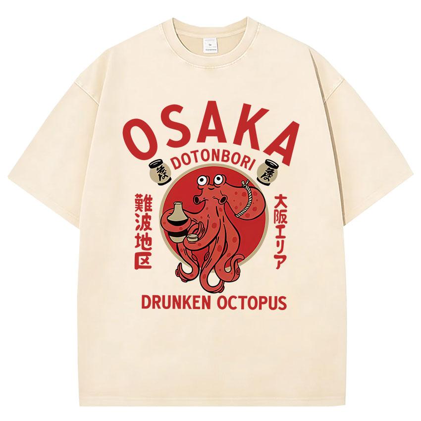 Divertente Osaka Dotonbori Polpo Ubriaco Giapponese Retrò Lavata Maglietta Unisex Donna Abbigliamento Umoristico Moda Cotone Manica Corta T-shirt