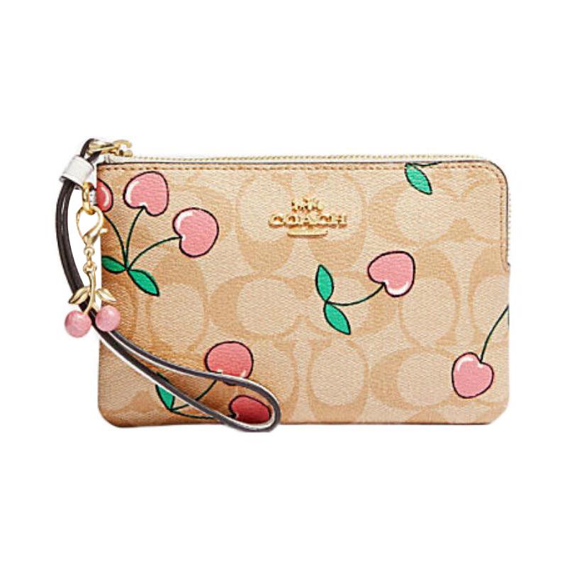 

COACH Heart 16 Classic Presbyopia Cherry Print Zipper Closure Faux Leather Wrist Bag Clutch Small Women s Khaki коричневий