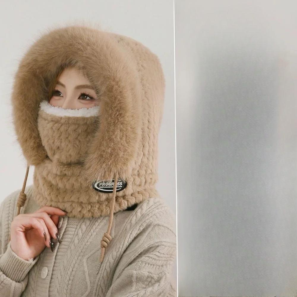 Autumn And Winter Women Thermal Plush Hat Hood Scarf And Mask Ear Protection Windproof Thick Design For Riding Outdoor