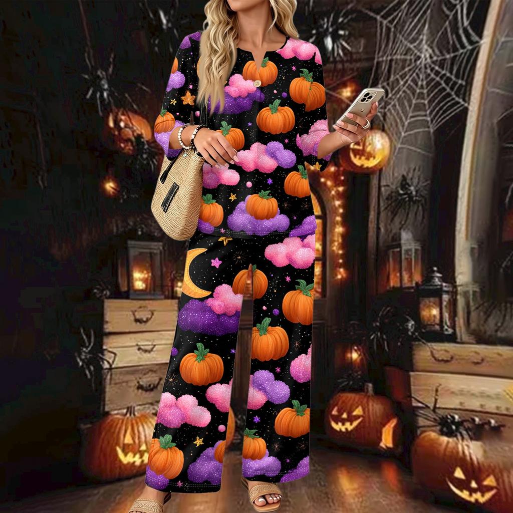 Women's Casual 2 Piece Outfit Set Printed 3/4 Sleeve Button Down Top Wide Leg Pants Wear