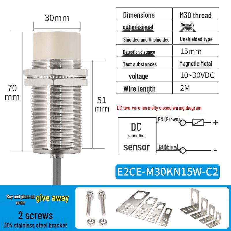 Waterproof Inductive Proximity Switch, Two-Wire, M8/M12/M18/M30, NPN NO/PNP NC