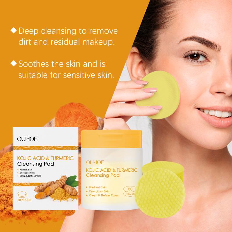Ouhoe Turmeric Kojic Acid Exfoliating Cleansing Pads Fade Dark Spot Oil Brightening Moisturizing Whitening Facial Sponges
