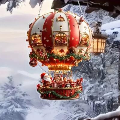 Hot Air Balloon Christmas Ornament 2D Flat Acrylic Santa Claus On A Hot Air Balloon Xmas Tree Hanging Ornament for Tree Window Wall Decor