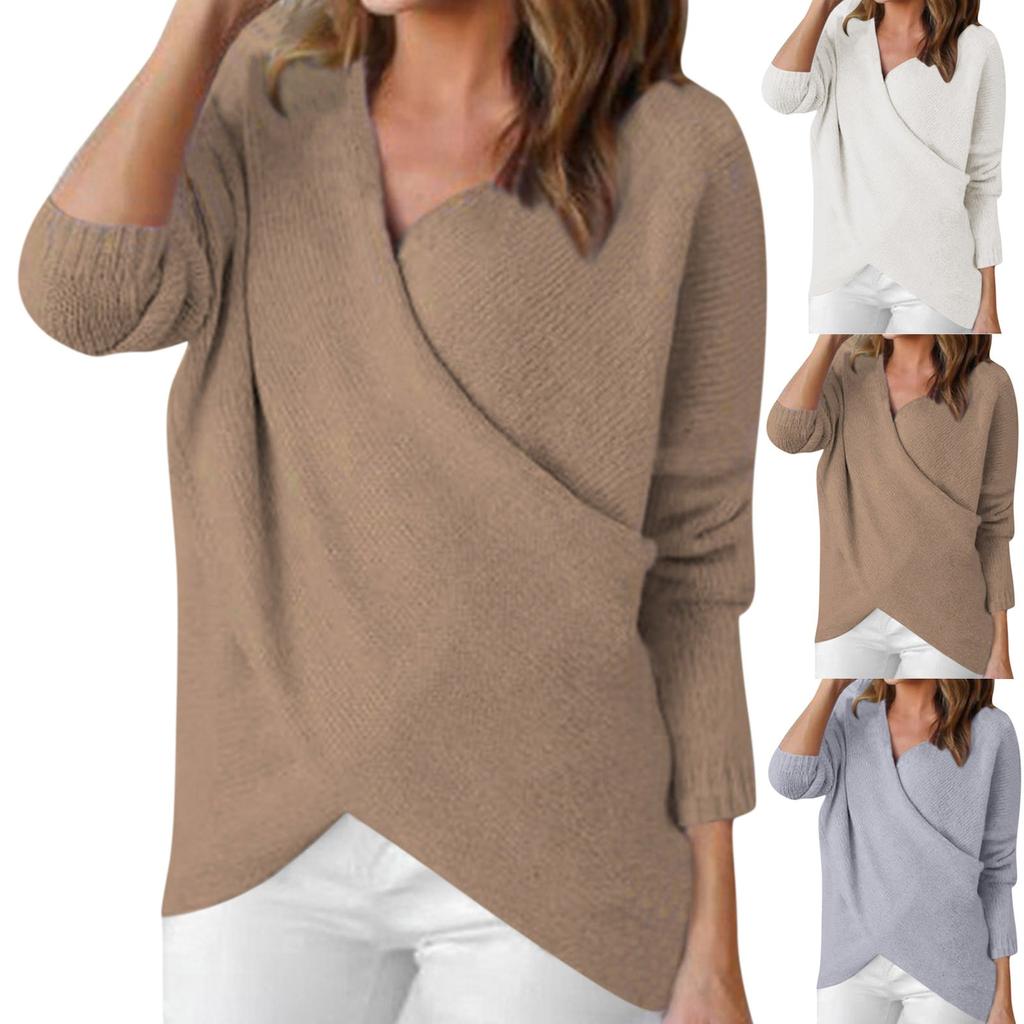 Women's Loose Front Cropped Navel Long Sleeve Solid Wrap Knit Sweater