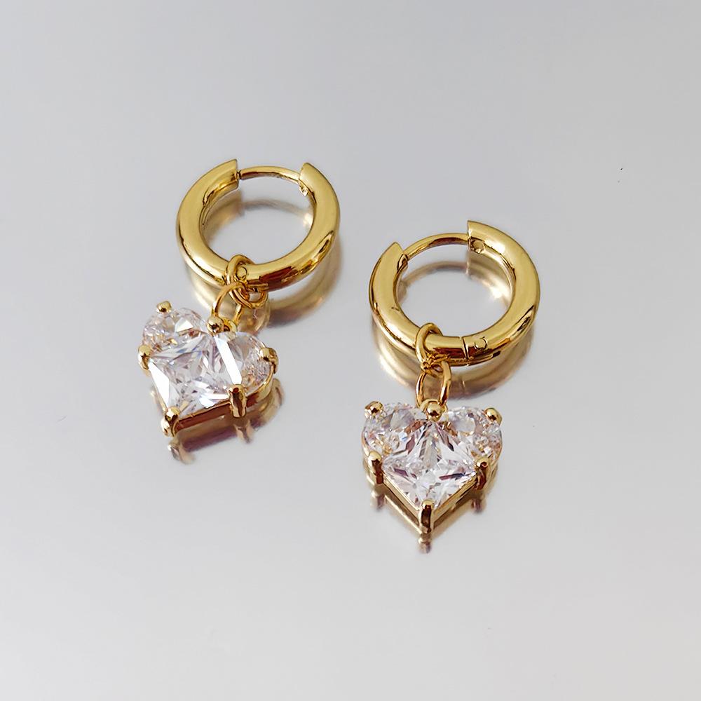 Stainless Steel Vacuum Plated Ear Buckle Sweet Cool Copper Inlaid Zircon Love Pendant Earrings Versatile Earrings Neutral