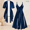 Women Plus Size Two Piece Set Short Sleeve Draped Cardigan Strappy V Neck Flared Printed Dress Dark Blue Gold