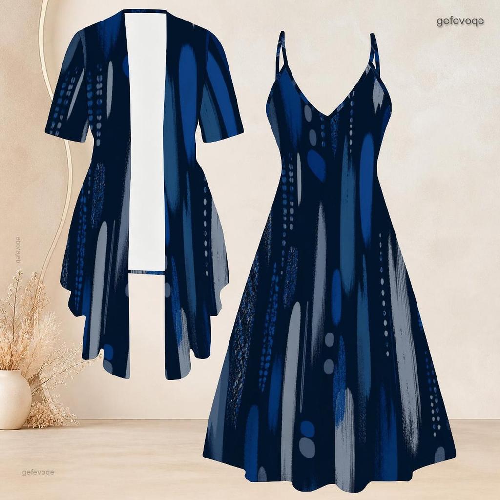 Women Plus Size Two Piece Set Short Sleeve Draped Cardigan Strappy V Neck Flared Printed Dress Dark Blue Gold