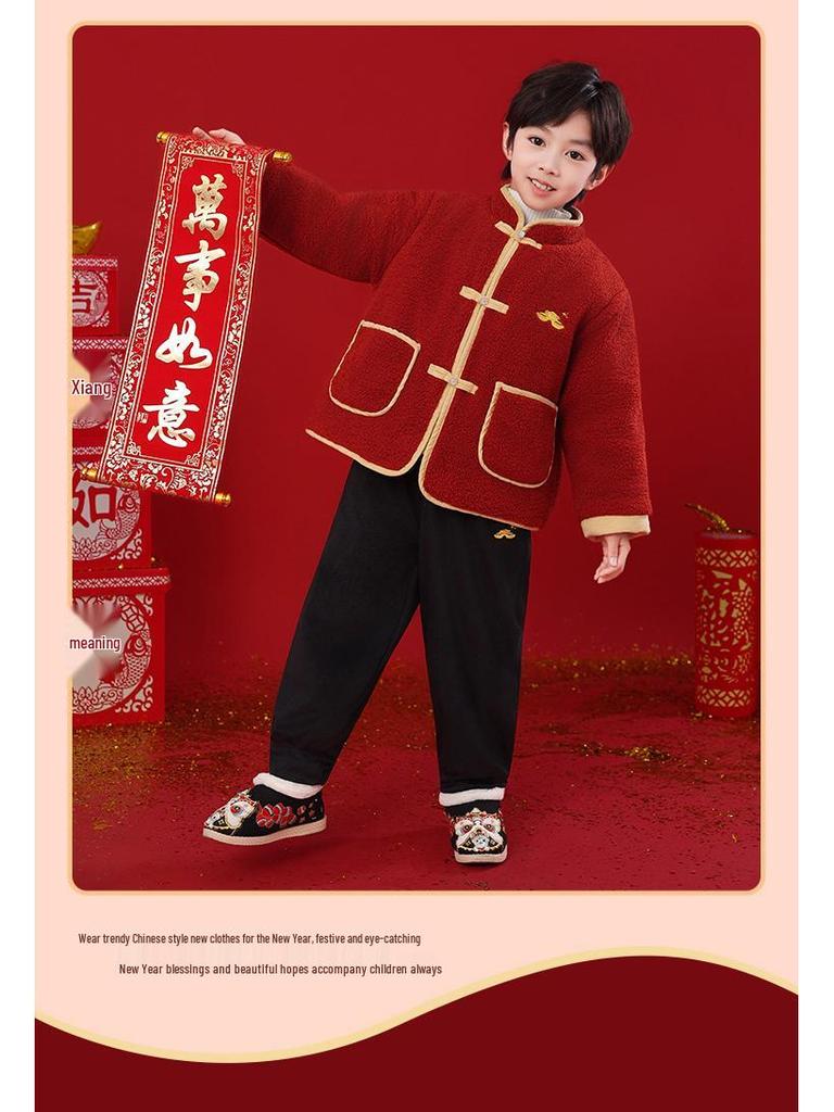Children's New Year Outfits: Winter Coats, Boys' Sweaters, Girls' Greeting Clothes, Hanfu Sets in Chinese Style.