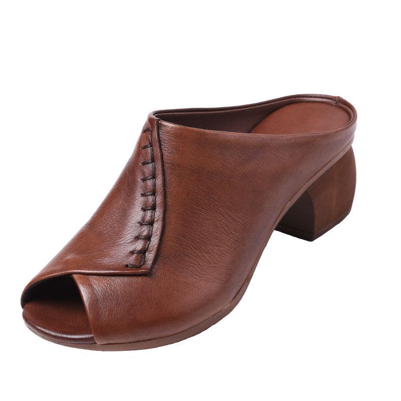 Thick-Heeled Soft Leather Outer Slippers Fish Mouth Comfortable Versatile Mid-Heeled Women Sandals Women'S Mother'S Shoes Women