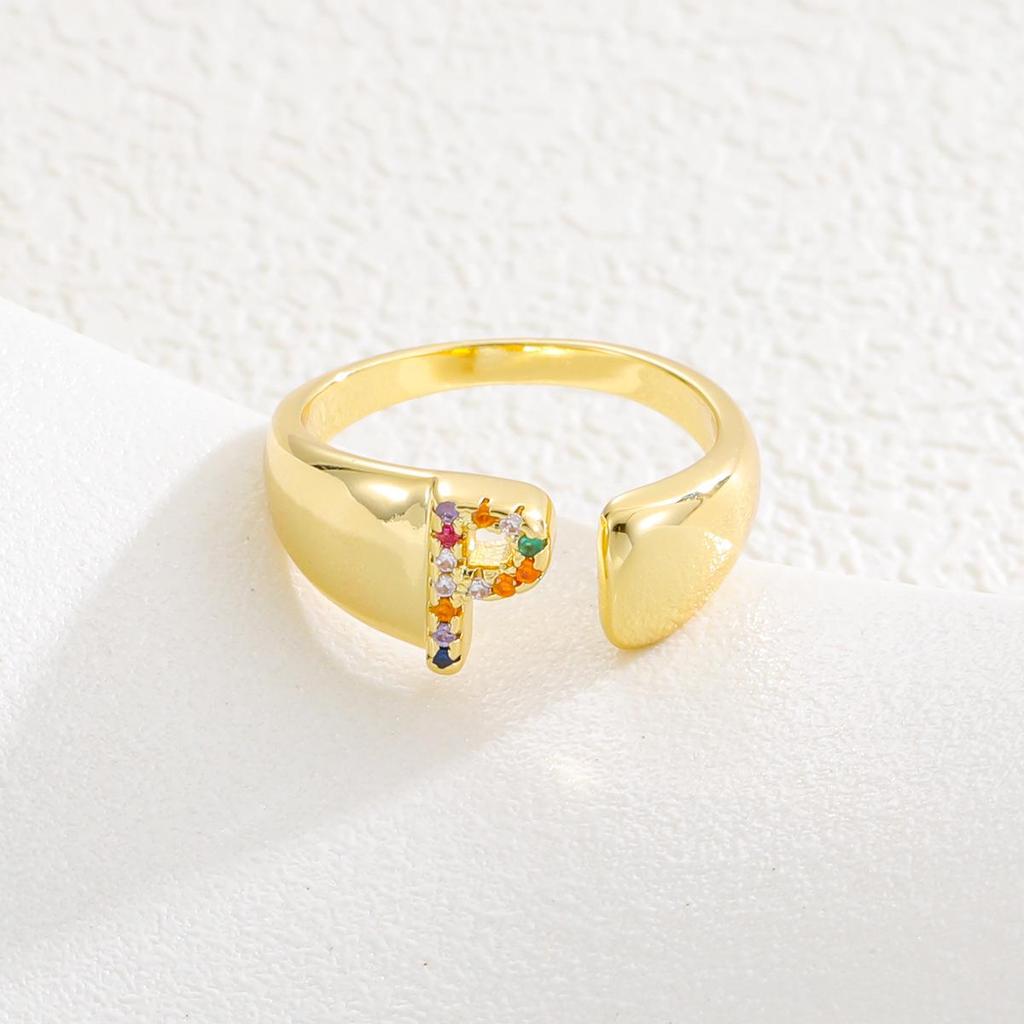 Fashionable Colorful Zircon Alphabet Adjustable Retro Ring