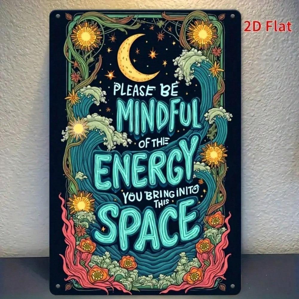 Vintage Tin Metal Sign Floral Starry Moon Mindful Energy Quote 8x12 Inch Wall Art