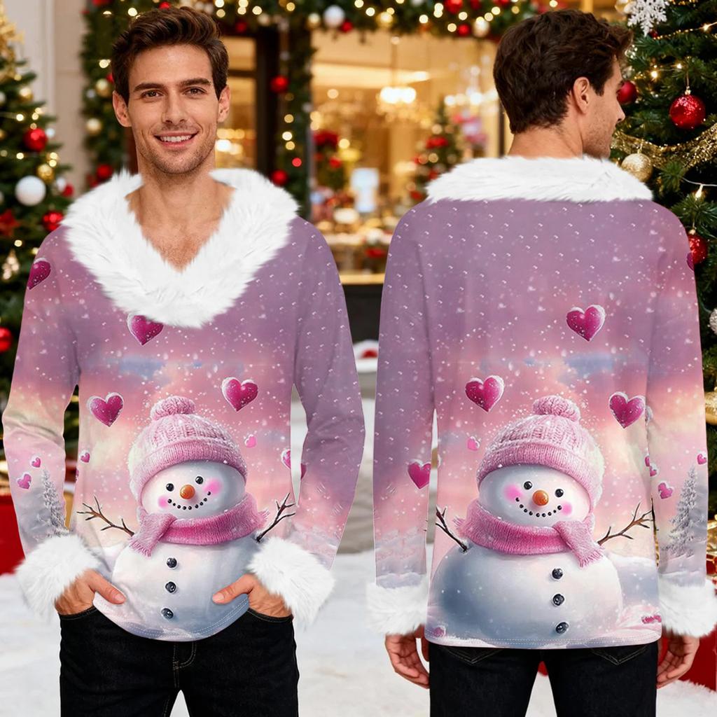 Męska bluza z kapturem z nadrukiem świątecznym, podszyta polarem | Sweter imprezowy z imitacją obszycia i kieszenią | Duży rozmiar, luźny krój, świąteczny pulower
