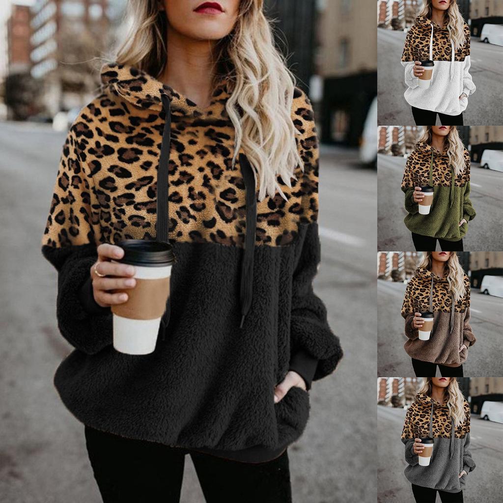 Women Hooded Sweatshirt Coat Winter Warm Wool Leopard Pocket Cotton Coat Outwear