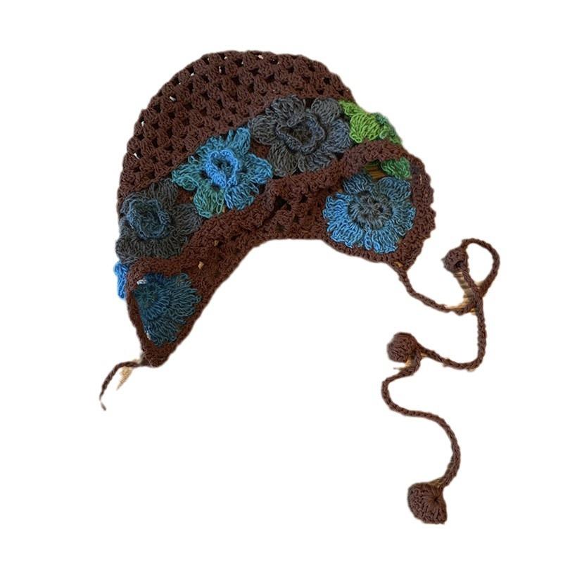 Spring and Summer Literary Colorful Flowers Hollowed Out Hat for Women Japanese Sweet and Cute Fashion Handmade Wool Knit Hat