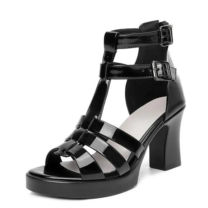

Fashion 7.5CM Luxury Design Gladiator Sandals For Women High Heel Buckle Strap Open Toe Sandals Ladies Split Leather Sexy Roman Shoes 39 чёрный
