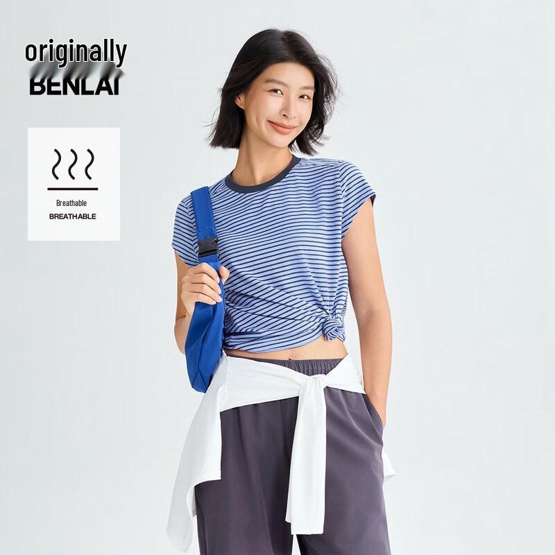 BENLAI Women s Round Neck Striped Pure Cotton Short Sleeve T-Shirt 2XL