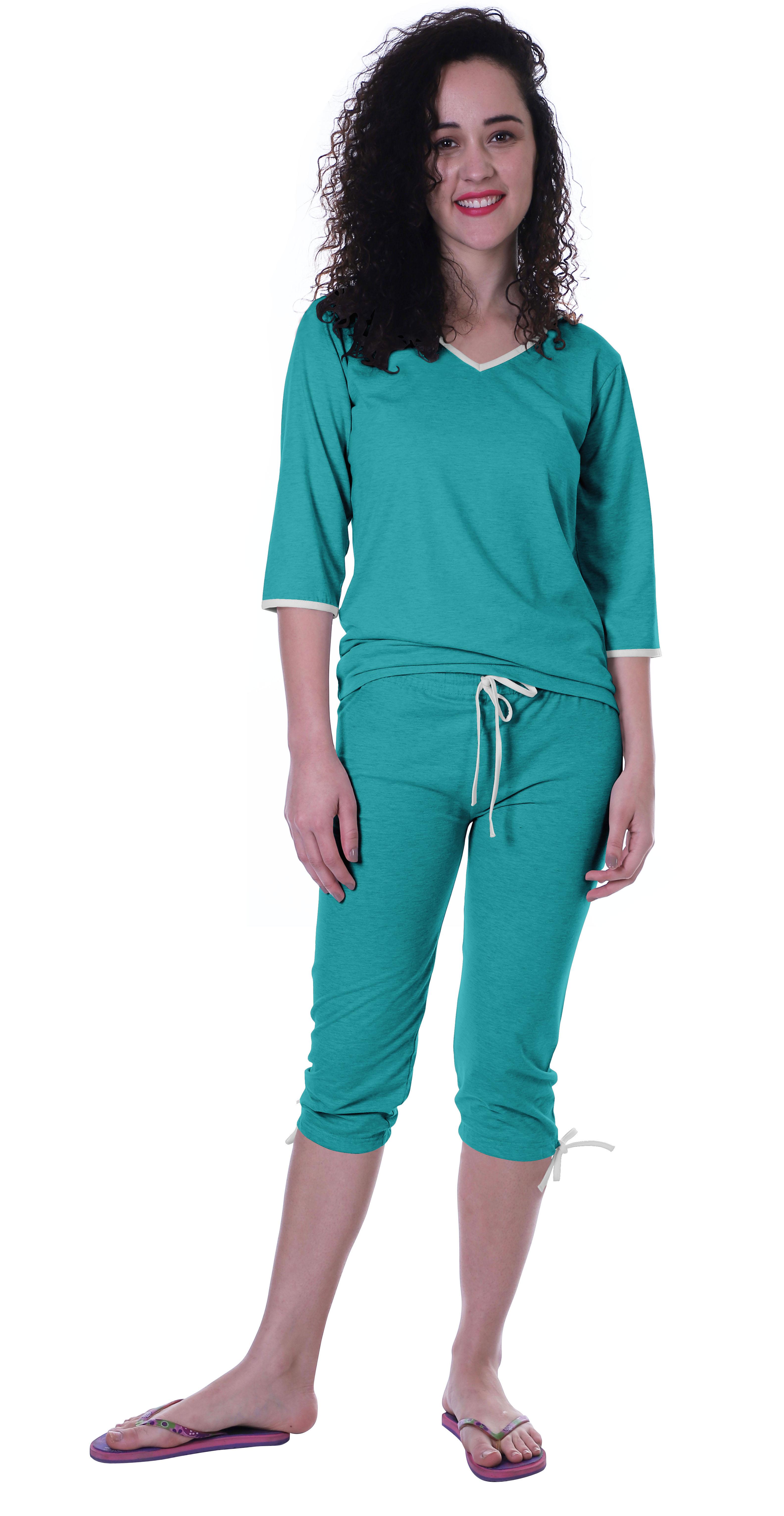 

Moomaya Womens Plain Nightwear Set w Capri Cotton Sleepwear 2 Pcs XS чирок зелений колір