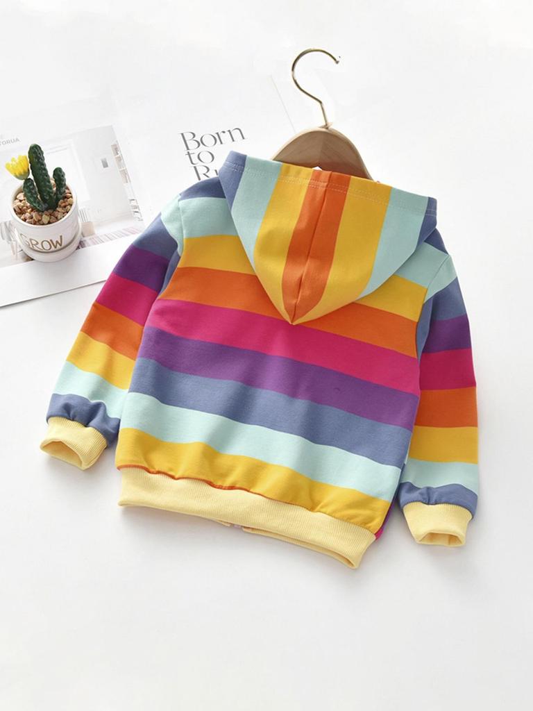 Girls' cute zippered pocket rainbow striped hooded jacket