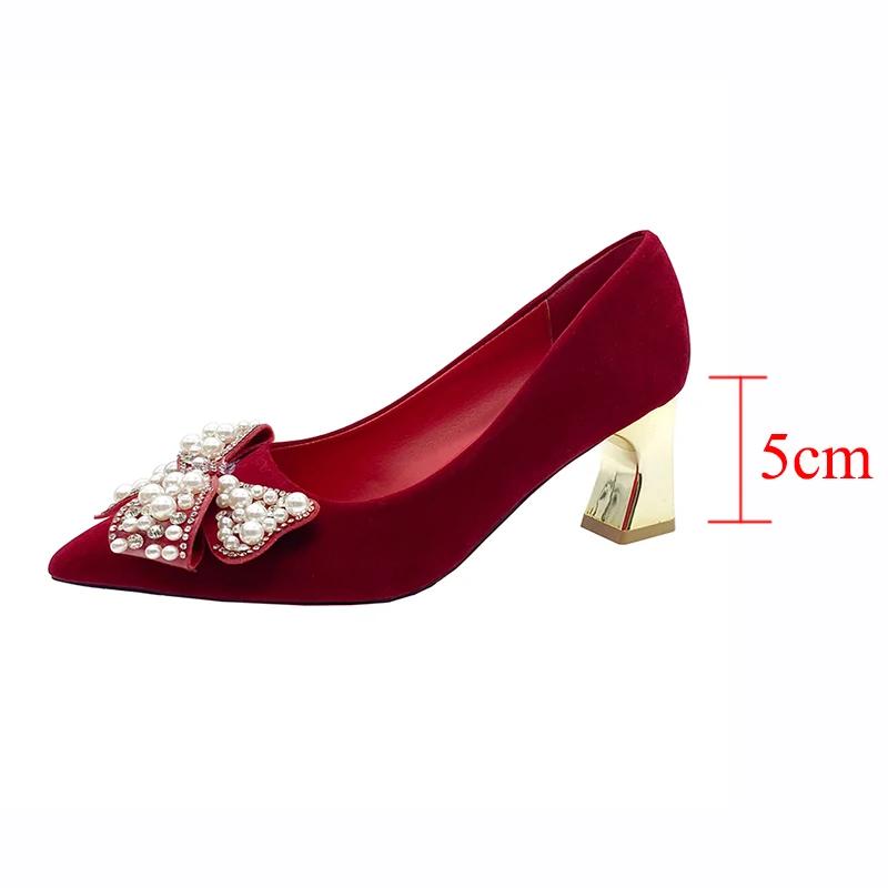 Fashion Rimocy Elegant Ladies Red Silk Wedding Bride Shoes Pearl Bowknot Pointed Toe Pumps Women Sexy Party Dress High Heels Shoes Woman