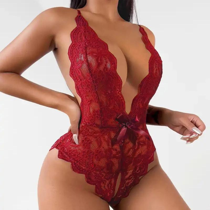 Hot Sex Se Gjennom Sexy Undertøy Dame Åpent Skritt Pyjamas Porno Hollow Out Deep V Skrittløst Undertøy Erotiske kostymer