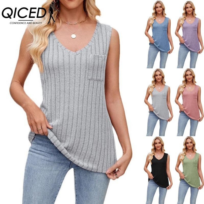 QICED Camicette e camicie senza maniche con scollo a V, stampa tinta unita, moda casual da donna