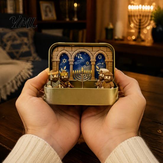 Religious Home Decoration Hanukkah Miniature Diorama Scene Box, 3D Printed Pocket Figurine Set with Decorations Storage Case, Menorah Micro