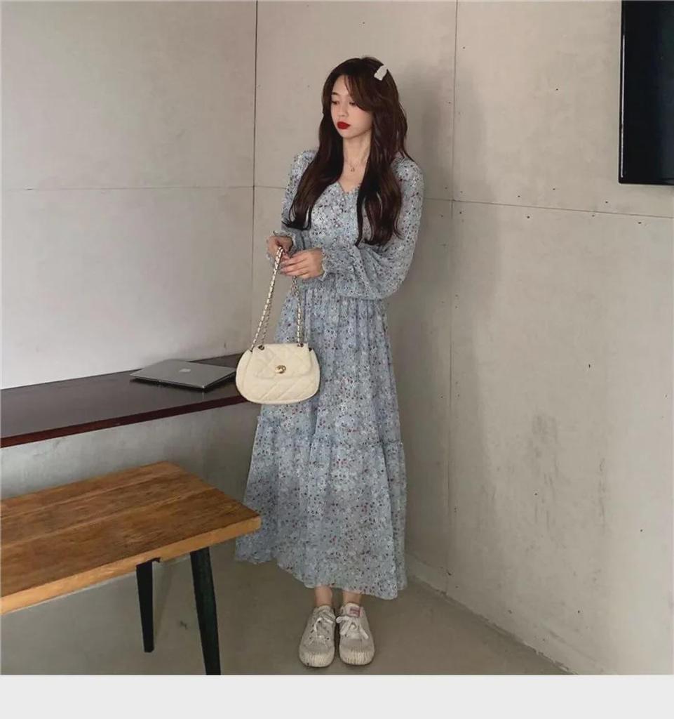 2024 Floral Chiffon V-Neck Dress: High-Waisted, Long-Sleeve, Waist-Cinching Korean Style for Spring and Autumn