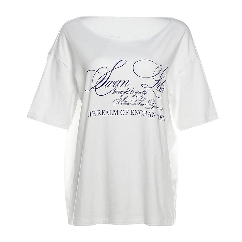 2025 Women's Summer One-Shoulder Loose T-Shirt with Letter Print