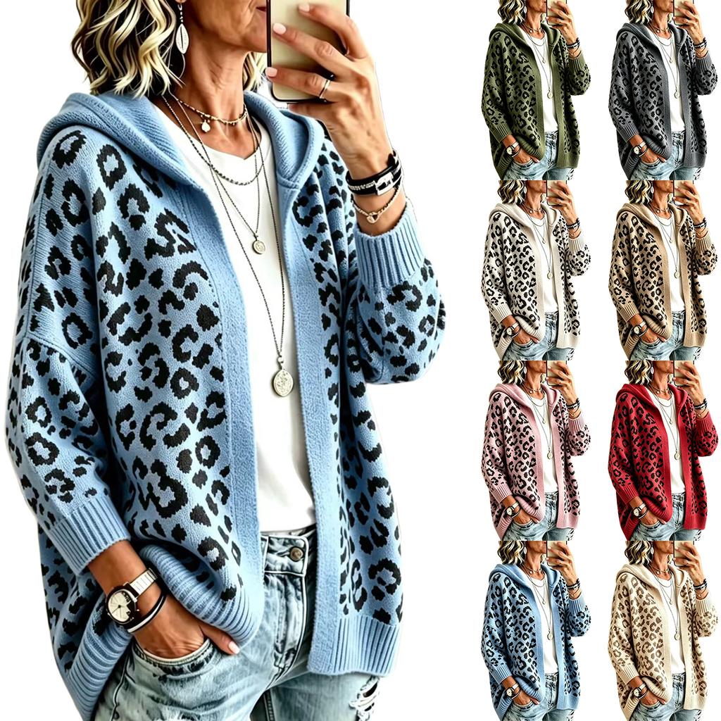 Damen Vintage Kapuzenstrickjacke mit Leopardenmuster, Lockere Passform, Überschnittene Schultern, Lässige Oberbekleidung