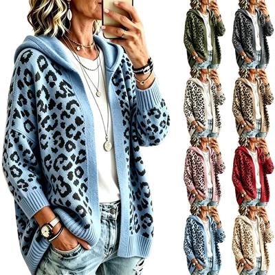Damen Vintage Kapuzenstrickjacke mit Leopardenmuster, Lockere Passform, Überschnittene Schultern, Lässige Oberbekleidung