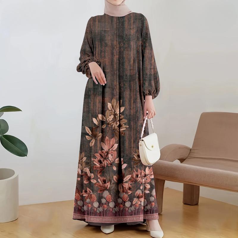 

Women s Ramadan dresses, casual and fashionable, Muslim dresses, floral print plus size, long sleeve dresses, new arrivals 2025 S бежевий