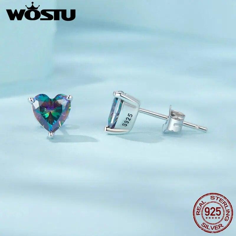 WOSTU 925 Sterling Silver 7MM Heart Stud Earrings Women Rainbow Mystic Topaz Wedding Earring Party Jewelry Gift For Mom Daugther