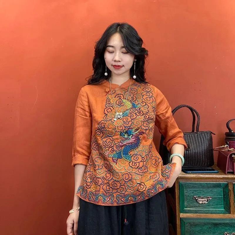 Women's Teal Linen Blouse 3/4 Sleeve Mandarin Collar Dragon Embroidery Chinese Style Top